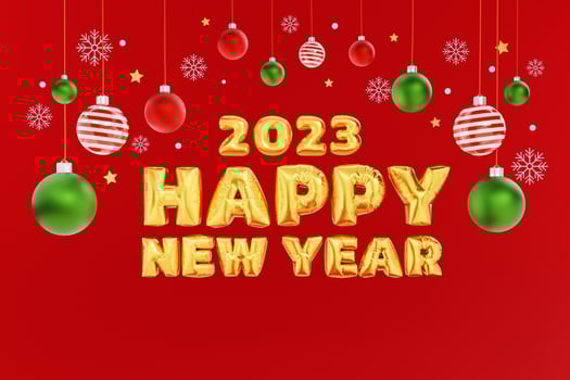 Christmas and new year background. glass ball Christmas ornaments, snowflakes and star 3d illustration. 2023 new year celebration concept photo