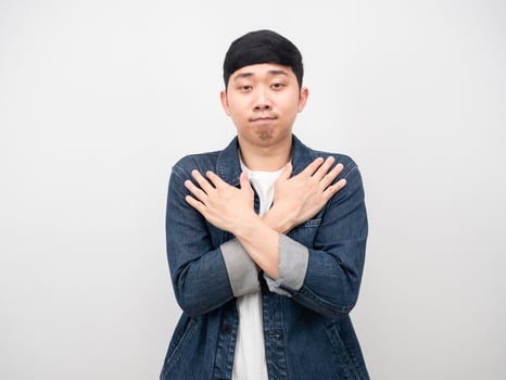 Man jean shirt hug body love self emotion photo