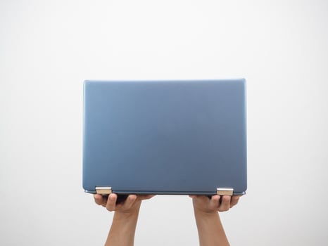 Man hand holding laptop isolated white photo