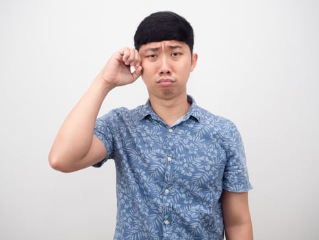 Man sad emotion gesture crying white background photo