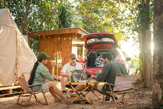 Group tourists Friends camping and having a barbecue and drinking beer-alcohol  with party together with enjoyment and happiness in Summer photo