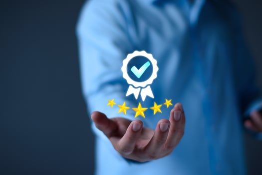 Quality Assurance Concept. Business people show high quality assurance mark, good service, premium, digital signature, premium service assurance, excellence service, high quality, excellence guarantee photo
