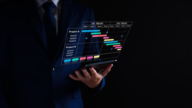 Project manager working on tablet and updating tasks and milestones progress planning with Gantt chart scheduling interface for company on virtual screen. Business Project Management System. photo