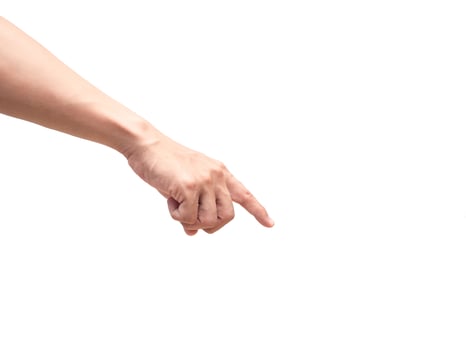 Right hand point index finger down white isolated photo