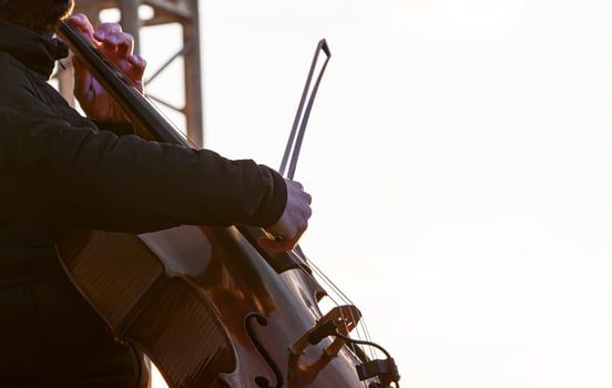 street musician cello plays music outdoors photo