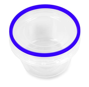 Transparent plastic food container with blue cap. Catering food packaging. photo