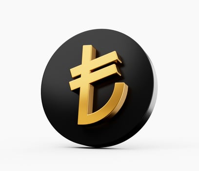 Gold Coin with Turkish Lira sign isolated on white background Turkey and Northern Cyprus. One 3D illustration. photo