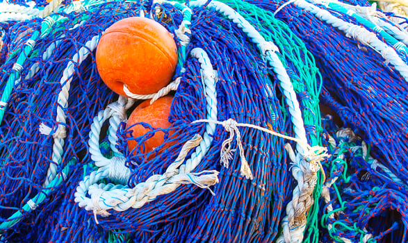 colored fishing net with floats. Selective focus. photo