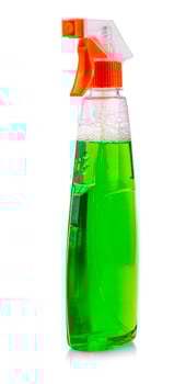 green spray bottle with homemade chemicals isolated on white background photo