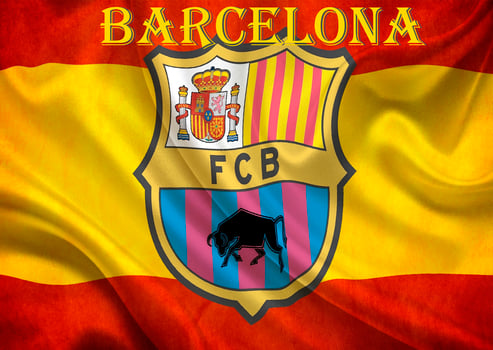 KAMCHATKA, RUSSIA - JANUARY 16, 2023- Waving fabric texture flag of FC Barcelona football club photo
