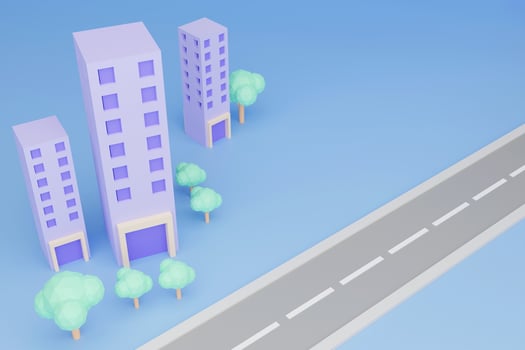 High-rise building model on blue background, city tall buildings, high-rise housing type, city living, housing sales, 3D render photo