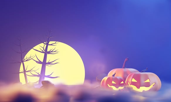 3d Render, Happy Halloween Day background with night scene and cute spooky design. Halloween pumpkins, skull, ghost and spider decorations on dark purple background. Trick or Treat party celebrate. photo