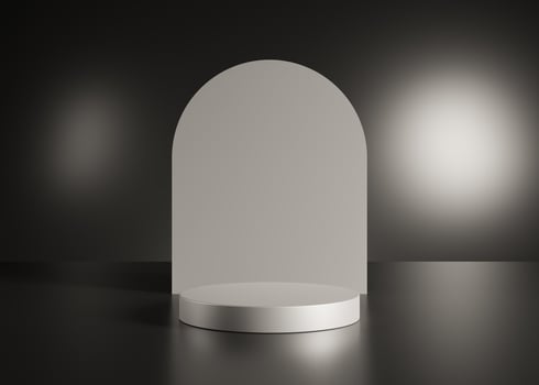 Silver product metal background stand or podium pedestal on advertising display with black backdrops. photo