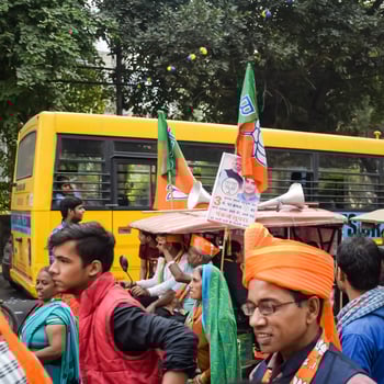 Delhi, India, December 02 2022 -Bharatiya Janata Party BJP supporter during mega road show in support of BJP candidate Pankaj Luthara to file nomination papers ahead of MCD local body Elections 2022 photo