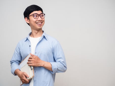 Portrait teacher man happy smile gesture looking at copy space photo