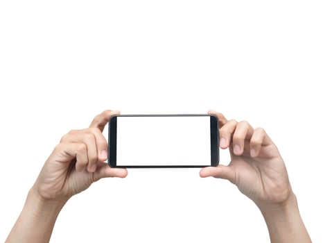 Male hand holding smartphone white screen isolated photo