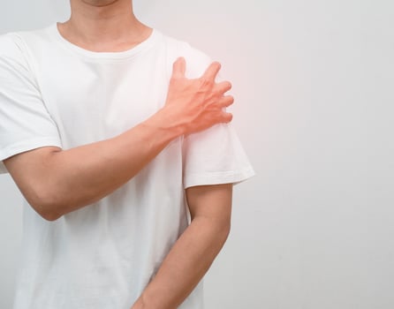 Close up man pain his shoulder from office syndrome studio shot photo