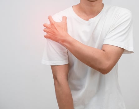 Close up man pain his shoulder from office syndrome studio shot photo