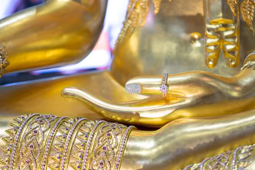 Close up to th Buddha statue's hand inside Thailand Temple. photo