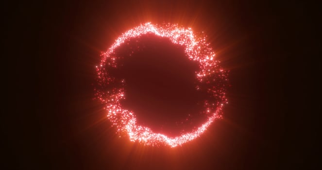 Abstract glowing looped circle made of red lines of magical energy particles. Abstract background photo