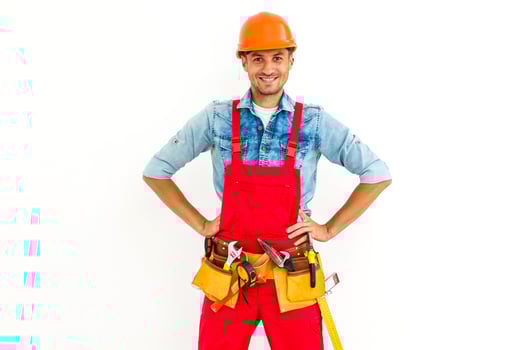 Rear view of Male Construction Worker with short black hair in uniform Isolated photo