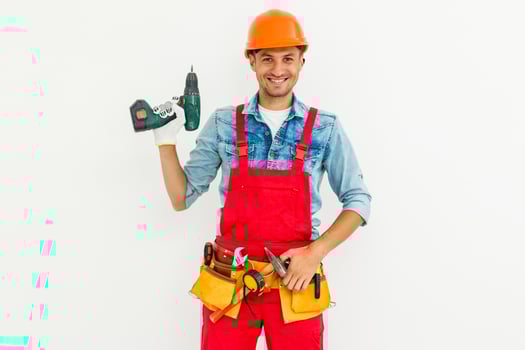 Young construction workers with hard hats on a white background photo