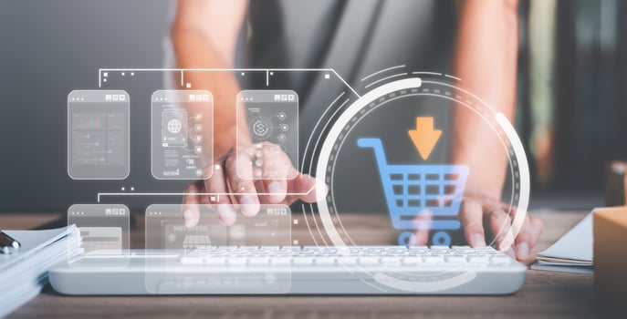 Analysis of online merchandising business reports, with charts and market statistics, shopping carts and promotional items, ecommerce concept and online selling website photo