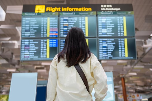 A traveller woman is wearing protective mask in International airport, travel under Covid-19 pandemic, safety travels, social distancing protocol, New normal travel concept photo
