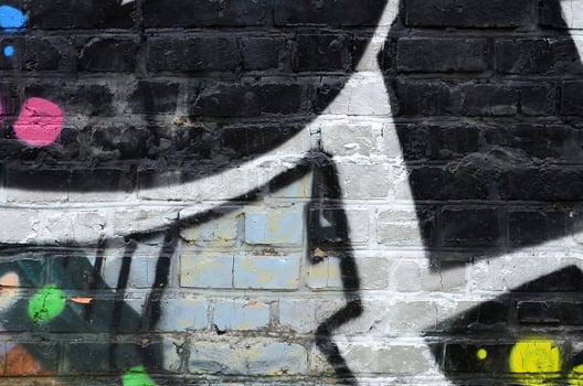 Fragment of graffiti drawings. The old wall decorated with paint stains in the style of street art culture. Colored background texture photo