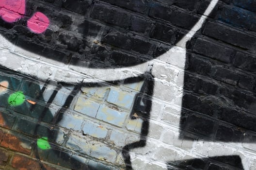 Fragment of graffiti drawings. The old wall decorated with paint stains in the style of street art culture. Colored background texture photo