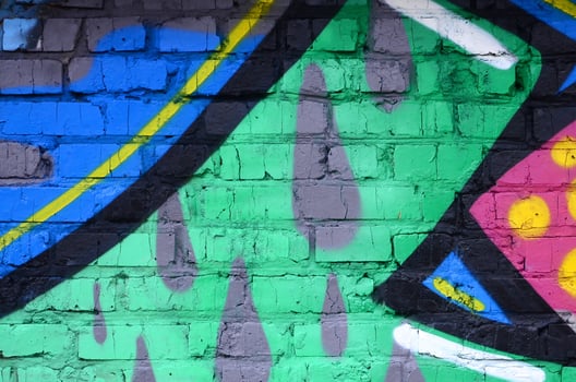 Fragment of graffiti drawings. The old wall decorated with paint stains in the style of street art culture. Colored background texture photo