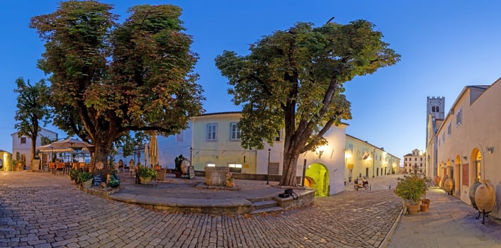 Panorama over the central square of Motovun with St. Stephen's church and city gate at sunrise photo