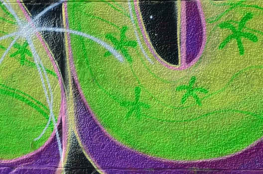 Fragment of graffiti drawings. The old wall decorated with paint stains in the style of street art culture. Colored background texture in green tones photo