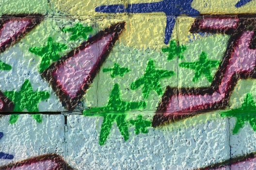 Fragment of graffiti drawings. The old wall decorated with paint stains in the style of street art culture. Colored background texture in green tones photo