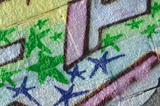 Fragment of graffiti drawings. The old wall decorated with paint stains in the style of street art culture. Colored background texture in green tones photo