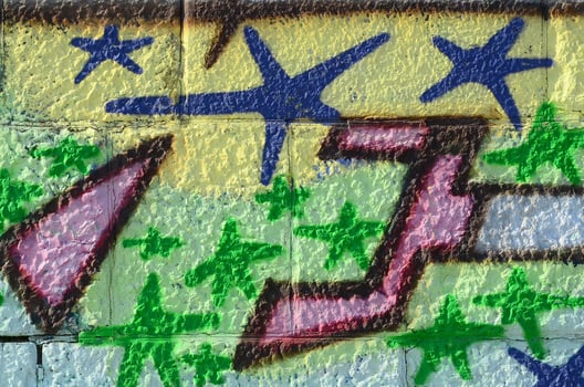 Fragment of graffiti drawings. The old wall decorated with paint stains in the style of street art culture. Colored background texture in green tones photo