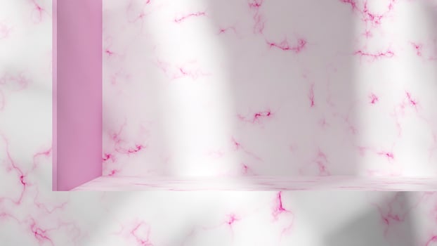 3d render background with marble texture and gobo light for luxury product advertisement. Pink background with empty platform or pedestal photo