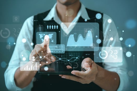 business intelligence and big data analysis technology with chart and graph icons on a digital screen interface. Innovation in statistics and analytics. Insights and predictions. photo