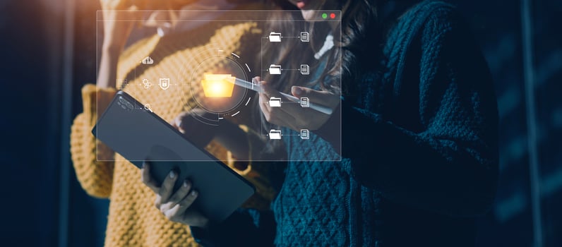 Document management system concept, Businessman signs electronic documents on digital documents, searching and managing files online document database, for efficient archiving and company data photo