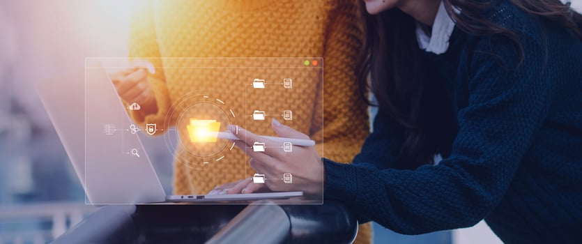Document management system concept, Businessman signs electronic documents on digital documents, searching and managing files online document database, for efficient archiving and company data photo