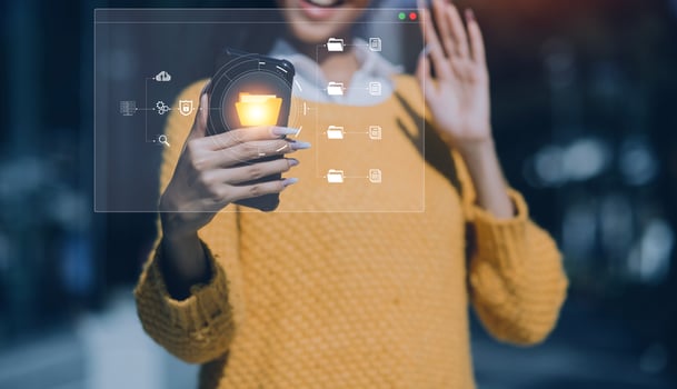 Document management system concept, Businessman signs electronic documents on digital documents, searching and managing files online document database, for efficient archiving and company data photo