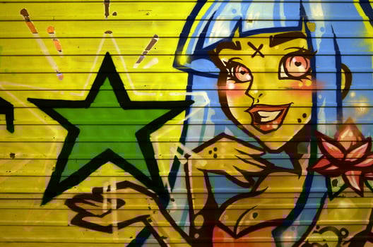 The texture of the wall, decorated in graffiti drawing with the image of a pretty girl with blue hair photo