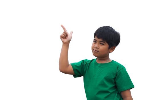 The boy smiled and pointed his hand to his side. on a white background photo