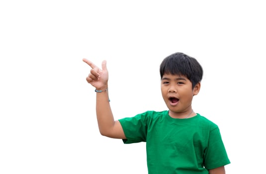The boy smiled and pointed his hand to his side. on a white background photo