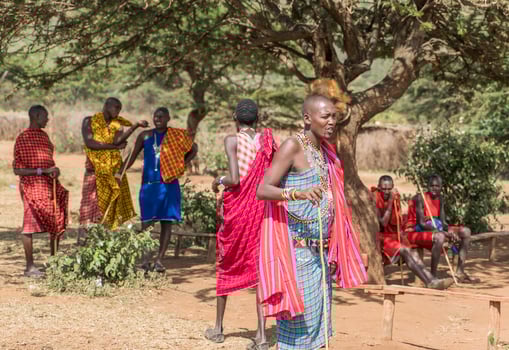 December 30 2017. Masai Mara National Reserve, Kenya. Masai tribe members perform traditional dances and songs. photo