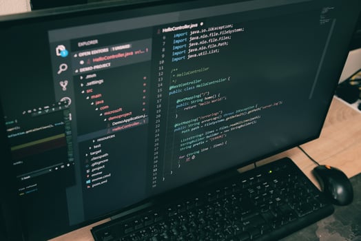 Coder programmers working in office, Programmer analyst writing code - coding program on screen computer for learning and developing programs digital coding scripts java language photo