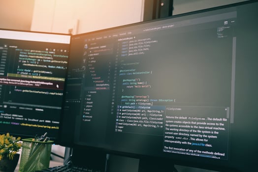 Coder programmers working in office, Programmer analyst writing code - coding program on screen computer for learning and developing programs digital coding scripts java language photo