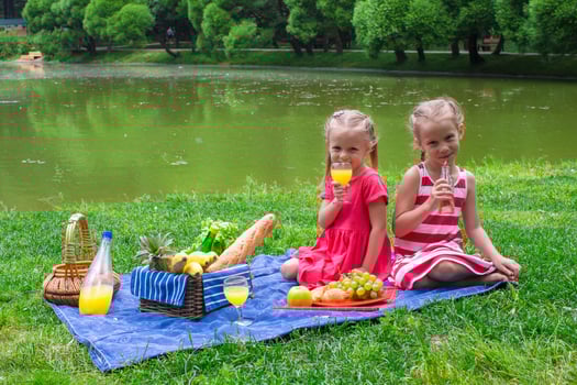Adorable little kids picnicing in the park at sunny day photo