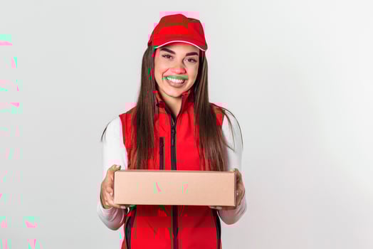 Image of a happy young delivery woman in red cap standing with parcel post box isolated over white background. photo
