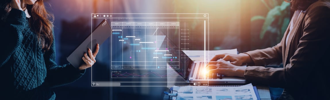Analyst working with computer in Business Analytics and Data Management System to make report with KPI and metrics connected to database. Corporate strategy for finance, operations, sales, marketing photo